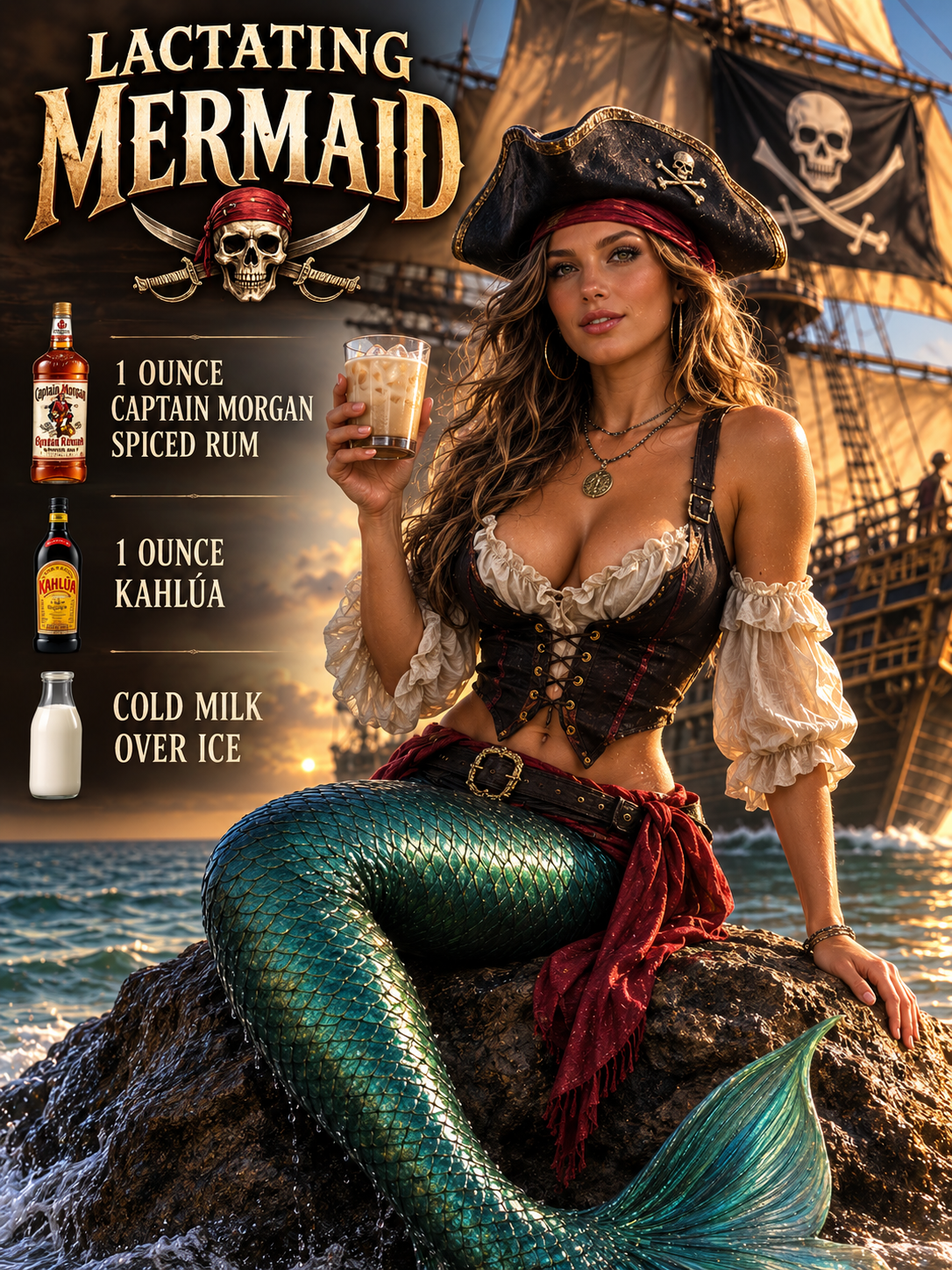 Lactating Mermaid cocktail poster: a pirate mermaid on a sea rock holding a creamy drink beside a galleon.
